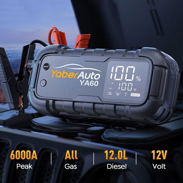 YaberAuto Car Battery Jump Starter 6000A Powerful Portable Jump Box( for All Gas/ 12L Diesel Engines)45W Fast Charging,Extended Jumper Cables,600 Lumens Light - Image 10