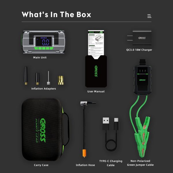 CAROSS T14 Jump Starter with 150 PSI Air Compressor, 2000A Peak 20000mAh (up to 8L Gas or 6L Diesel Engines) Patented Green Jumper Cable, USB QC 3.0 Quick Charge, 3.6'' Big Screen, 3 Light modes - Image 3