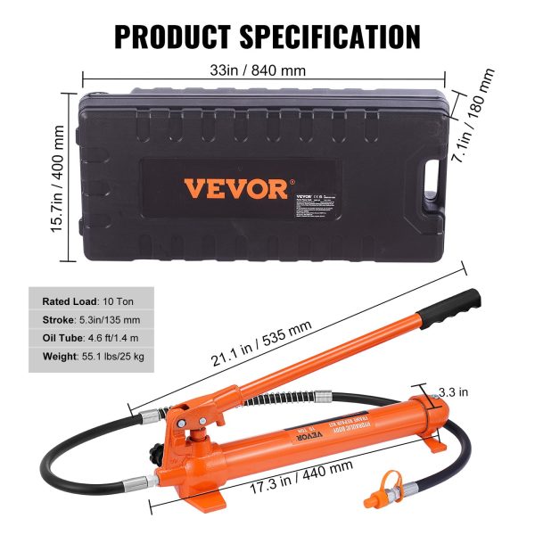 VEVOR 10 Ton Porta Power Kit, Hydraulic Ram with Pump, Car Jack with 4.6 ft/1.4 m Oil Hose, Bent Frame Repair Tool with Storage Case for Automotive, Garage, Heavy Equipment, Mechanic (22046 LBS) - Image 7