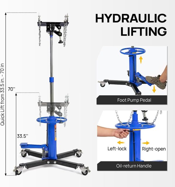 TUFFIOM Transmission Jack, 1660 lbs 3/4-Ton Hydraulic 2-Stage High Lift Vertical Telescoping Floor Jack Stand, 34" to 68" Lifting Range, w/Pedal, 360° Swivel Wheels, Garage/Shop Lift Hoist - Image 4