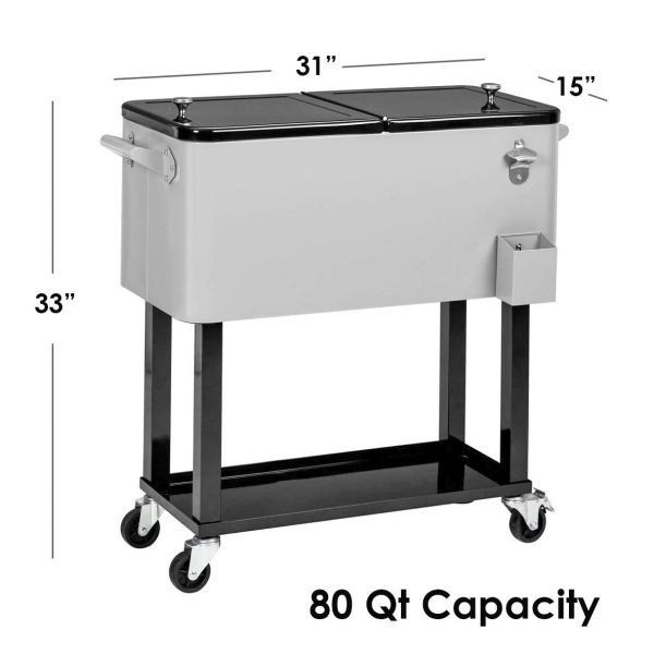 80 Quart Qt Rolling Cooler Ice Chest for Outdoor Patio Deck Party, Grey, Portable Party Bar Cold Drink Beverage Cart Tub, Backyard Cooler Trolley on Wheels with Shelf, Stand, & bottle opener - Image 3