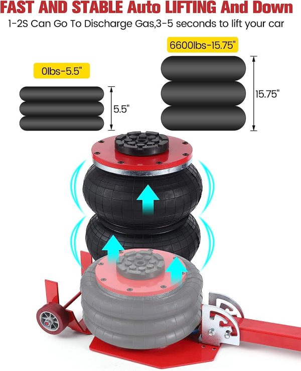 WhizMax 3 Ton/6600 lbs Triple Bag Air Jack, Quick Air Bag Jack Lift Up to 15.75 Inch, 3-5S Fast Lifting, Air Bag Jack for Cars with Adjustable Long Handle, Brass Valve - Image 4