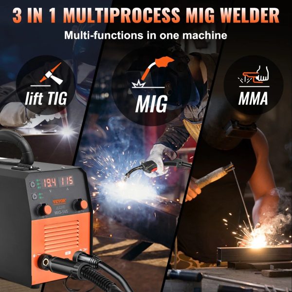 VEVOR 145A MIG Welder, 3 in 1 Combo Gasless MIG/Lift TIG/MMA with Welding Machine, 110 V Flux Core/Solid Wire Welding Machine with IGBT Inverter & MIG Torch - Image 2