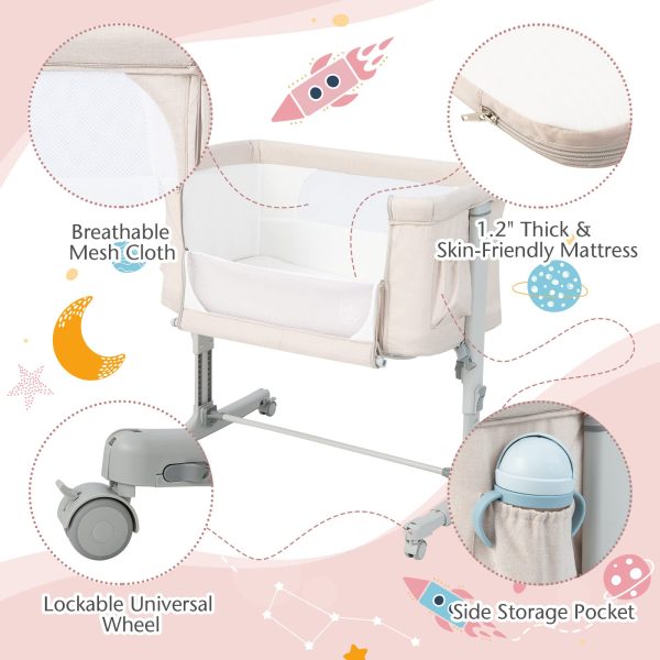 BABY JOY Bassinet Bedside Sleeper, 3 in 1 Folding Crib w/Adjustable Height, Mattress, Lockable Wheels, Storage Pocket & Carry Bag for Infant Newborn, Stationary & Rock, Portable Baby Bassinet (Beige) - Image 5