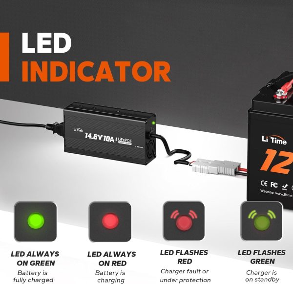 LiTime 12V 10A Battery Charger 14.6V AC-DC LiFePO4 Lithium Battery Charger with Anderson Connector LED Indicator Charger Special for Deep Cycle Rechargeable Batteries of Car, Truck, Boat, RV - Image 2