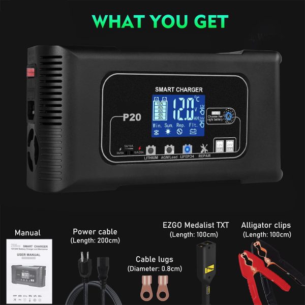 JLLOM 20-Amp Smart Battery Charger,12V-24V Lithium Lifepo4 Lead-Acid(AGM/Gel/SLA) Car Battery Charger Trickle Charger Maintainer Pulse Repair Charger for Car Boat Motorcycle Lawn Mower - Image 12