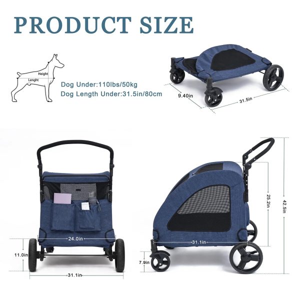 Tikysky 4 Wheel Pet Stroller for Dog and Cat ,Light Foldable,Breathable Mesh Windows,Blue - Image 2