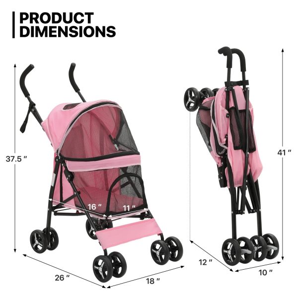 MoNiBloom Foldable Lightweight Dog Stroller for Small Medium Dogs, Pet Stroller,4 Wheel, Pink - Image 2