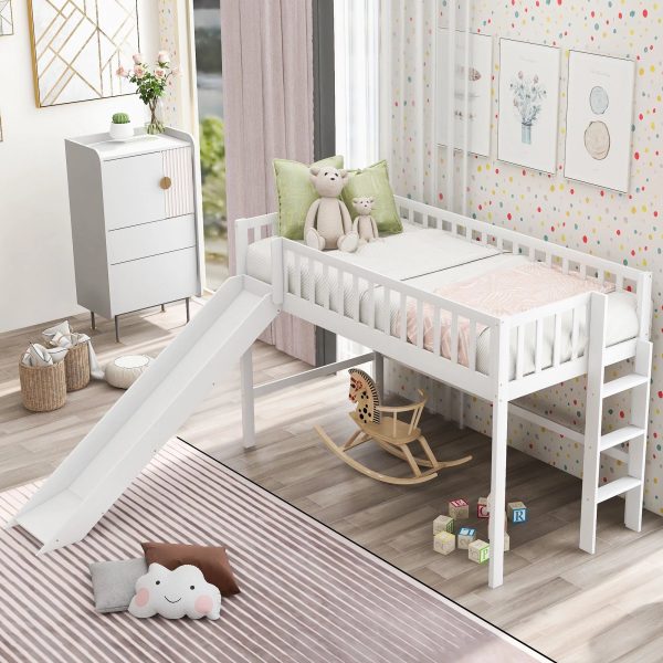 :Low Loft Bed with Slide and Ladder, Twin Size, White - Fun Slide, Space-Saving Design, Perfect for Kids - Image 3