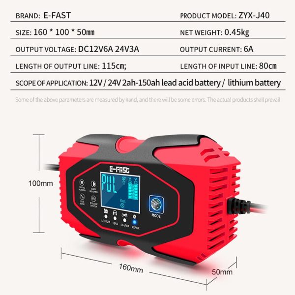 Car Battery Charger Smart Automatic 12V/24V Lead-acid AGM GEL& Lithium LiFePO4