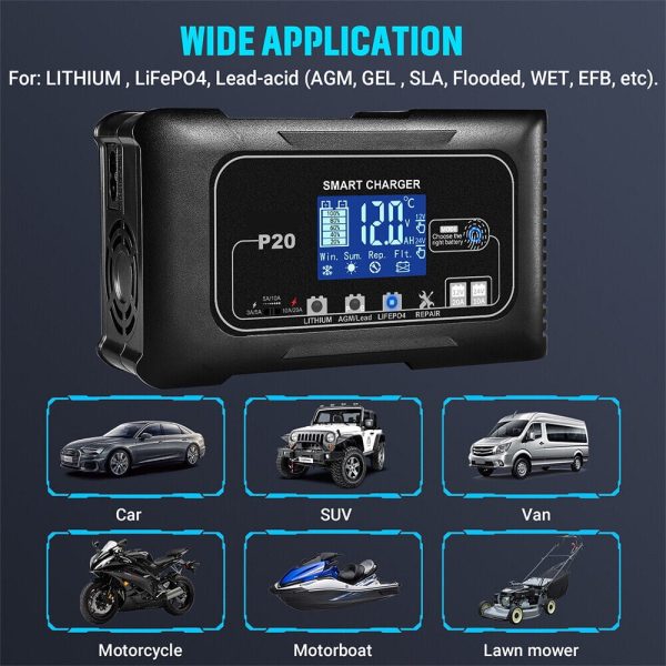 JahyShow Intelligent 12V/24V Battery Charger - Fast Charging with LCD Display, 20A Amp - Image 5