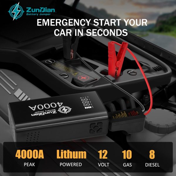 Jump Starter with Air Compressor, 4000A Portable Battery Jump Starter, 150PSI Digital Tire Inflator, 12V Jump Box Battery Power Pack(10.0L Gas/8.0L Diesel), Jumper Cables, QC 3.0, Included Gifts - Image 5