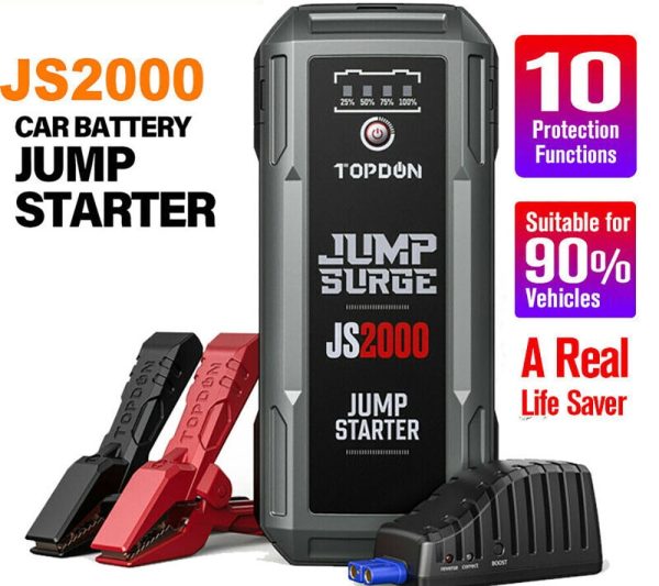 Car Battery Charger Jump Starter, TOPDON JS2000 12V 2000A Peak Portable Battery Booster Battery Jump Starter for Up to 8L Gas/6L Diesel Engines