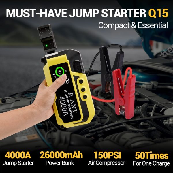 E-Ant Car Jump Starter with Air Compressor (10L Gas/8L Diesel), 4000A Peak Lithium 12v Auto Battery Jump Pack, Power Bank USB QC3.0, Portable Battery Booster Pack Jumper Box Tire inflator 150PSI - Image 4