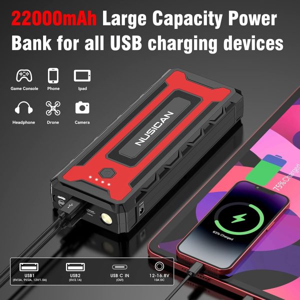 NUSICAN Portable Car Jump Starter , 2600A Peak 22000mAh Lithium battery Booster Power Pack for up to 8.0L Gas & Diesel, Power Bank Charger for Car Battery with Dual USB/Quick Charge 3.0 /Type-C - Image 5