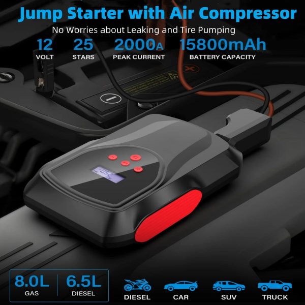 Car Jump Starter with Air Compressor, 2000A 12-Volt Jumper Cables Jump Starter Box Car Battery Booster Pack (Up to 6-Liter Gasoline and 3-Liter Diesel Engines) Digital Screen - Image 6