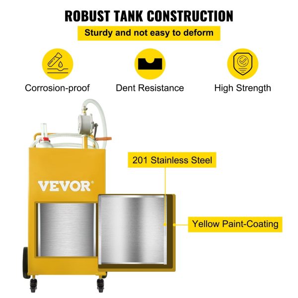 VEVOR 35 Gallon Gas Caddy, Fuel Storage Tank with 4 Wheels, Portable Fuel Caddy with Manuel Transfer Pump, Gasoline Diesel Fuel Container for Cars, Lawn Mowers, ATVs, Boats, More, Yellow - Image 5