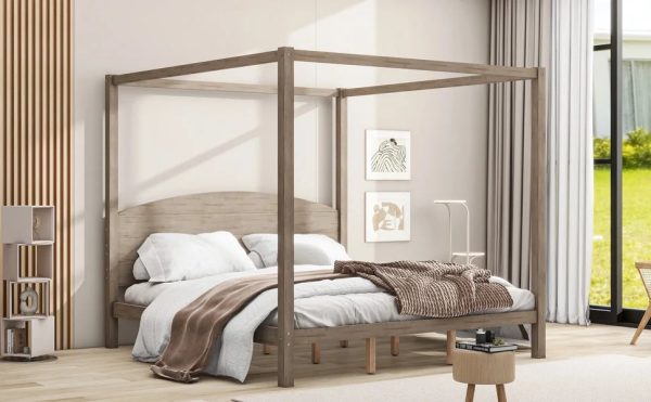 Upgrade your regal bedroom with this elegant and luxurious brown wash canopy platform king size bed. Featuring sturdy support legs and a stylish headboard this bed is the perfect additio - Image 6