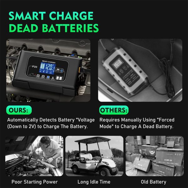 Paddsun 20-Amp Smart Battery Charger,12V-24V Lithium Lifepo4 Lead-Acid(AGM/Gel/SLA) Car Battery Charger Trickle Charger Maintainer Pulse Repair Charger for Car Boat Motorcycle Lawn Mower - Image 5