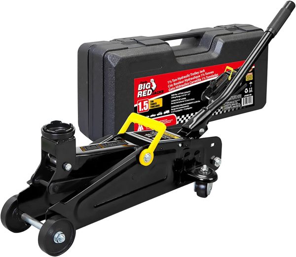 Big Red Hydraulic Trolly Floor Jack with Carrying Storage Case,1.5 Ton (3,000 lb) Capacity Black,W8204SB