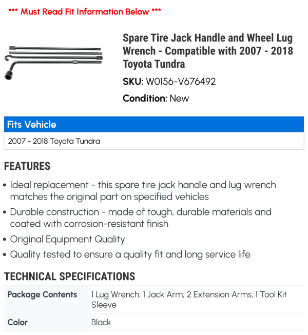 Spare Tire Jack Handle and Wheel Lug Wrench - Black - Compatible with 2007 - 2018 Toyota Tundra 2008 2009 2010 2011 2012 2013 2014 2015 2016 2017 - Image 2