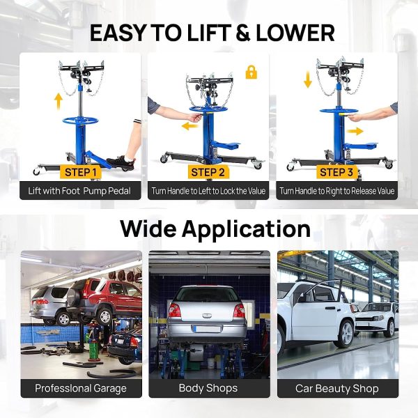 TUFFIOM Transmission Jack, 1,100 lbs 1/2-Ton Hydraulic 2-Stage High Lift Vertical Telescoping Floor Jack Stand, 34" to 68" Lifting Range, w/Pedal, 360° Swivel Wheels, Garage/Shop Lift Hoist - Image 7