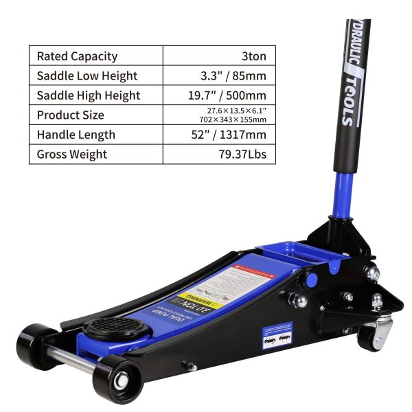 Sesslife Blue Low Profile Floor Jack, 3 Ton Capacity, Heavy Duty Steel Racing Car Floor Jack with Dual Piston Quick Lift Pump, Hydraulic Floor Jack Lifting Range 3.3"-19.7" - Image 5