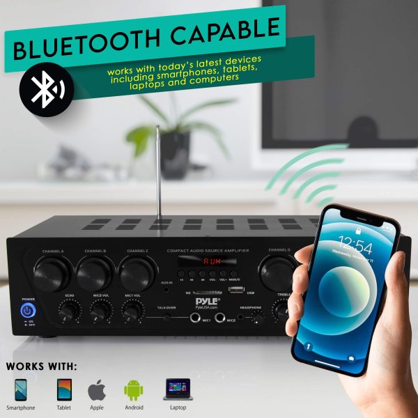 Pyle Wireless Bluetooth Karaoke-6 Channel 750 Watt Home Audio Sound Power Stereo Receiver Amplifier w/USB, Headphone, 2 Microphone Input w/Echo, Talkover for PA PTA62BT, AUX, Black - Image 3