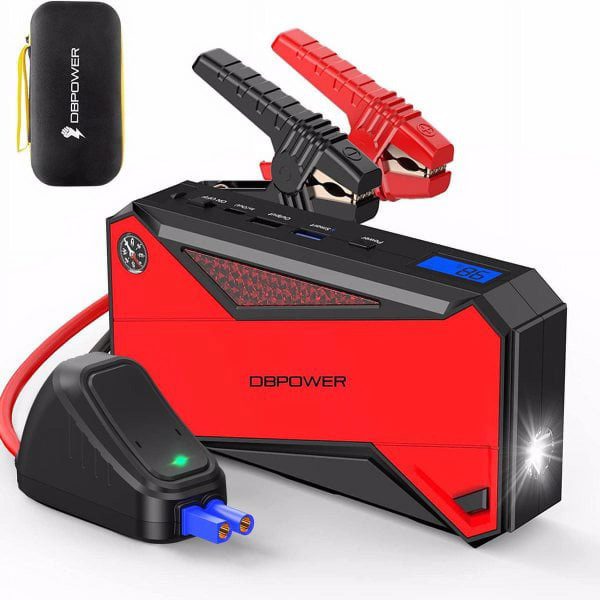 DBPOWER Peak 1600A 18000mAh Car Battery Jump Starter, up to 7.2 Gas, 5.5L Diesel Engines, Portable Battery Booster with Smart Charging Port, LCD Display, Intelligent Jumper Clamps, DJS90, Red Black