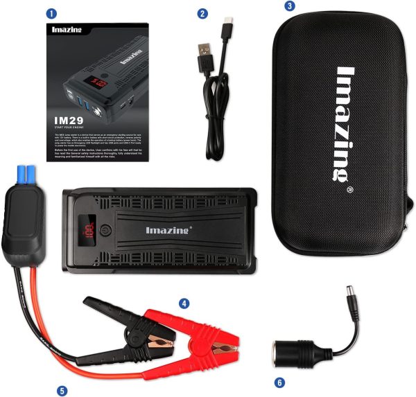 Imazing Portable Car Jump Starter - 2500A Peak 20000mAH (Up to 8L Gas/8L Diesel Engine) 12V Auto Battery Booster Portable Power Pack with LCD Display, QC 3.0 and LED Light - Image 2