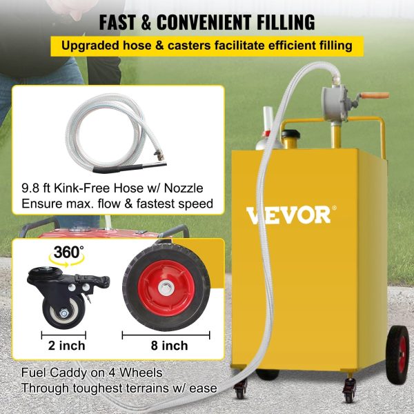 VEVOR 35 Gallon Gas Caddy, Fuel Storage Tank with 4 Wheels, Portable Fuel Caddy with Manuel Transfer Pump, Gasoline Diesel Fuel Container for Cars, Lawn Mowers, ATVs, Boats, More, Yellow - Image 6