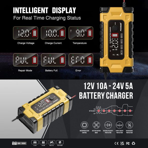 FASLMH Battery Charger 10A 24V5A Smart Automatic Car Battery Charger with LCD Screen Pulse Repair Charger Pack Battery Maintainer for Car, Lawn Mower, Motorcycle, Boat, SUV and More - Image 7