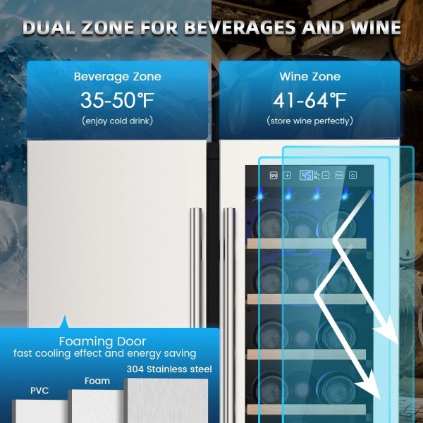 Ecojoy Wine and Beverage Refrigerator, 24 Inch Dual Zone Wine Fridge, Under Counter Wine Cooler Fridge Built-In or Freestanding, Holds 20 Bottles and 57 Cans - Image 2