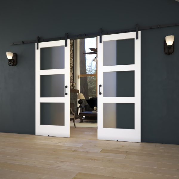 EightDoors 84" x 32" x 1-3/8" 3-Lite Frosted Glass White Prefinished Solid Wood Core Interior Barn Door - Image 3