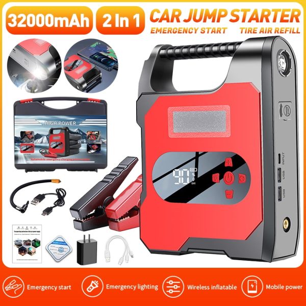 Portable 32000mAh Car Jump Starter + Air Compressor Battery Booster Power Bank