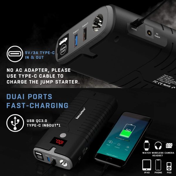 Imazing Portable Car Jump Starter 2000A Peak 18000mAH, 12V Auto Battery Booster Portable Power Pack with LCD Display Jumper Cables, QC 3.0 and LED Light - Image 6