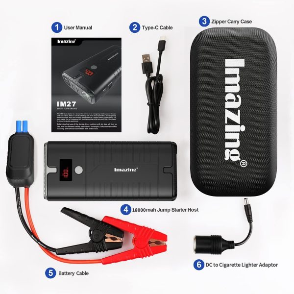 Imazing Portable Car Jump Starter 2000A Peak 18000mAH, 12V Auto Battery Booster Portable Power Pack with LCD Display Jumper Cables, QC 3.0 and LED Light - Image 9