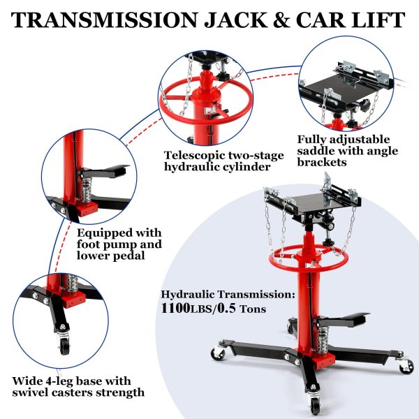 Transmission Jack, 1,100 lbs Capacity Garage Shop Telescoping Hydraulic Jack, Transmission Jack High Lift 2 Stage Adjustable Transmission Floor Jack, 360° Swivel Wheel Lift Hoist for Car Lift - Image 2