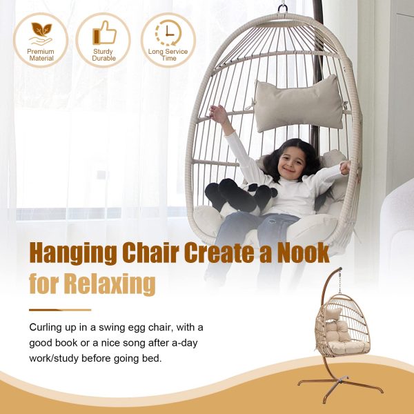 NICESOULu00ae Swing Egg Chair with Stand Indoor Outdoor Wicker Rattan Patio Basket Hanging Chair with UV Resistant Cushions 350lbs Capaticy for Bedroom Balcony Patio (Cream) - Image 6