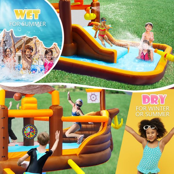 Track 7 Inflatable Water Park,Inflatable Big Bounce House Cruise Ship Pattern Slide Water Park Bouncer with Splash Pool & Basketball & Blower - Image 3