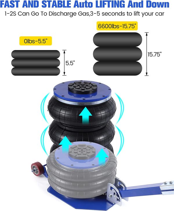 WhizMax 5 Ton/11000 lbs Triple Bag Air Jack, Quick Air Bag Jack Lift Up to 15.75 Inch, 3-5S Fast Lifting, Air Bag Jack for Cars with Adjustable Long Handle, Brass Valve - Image 3