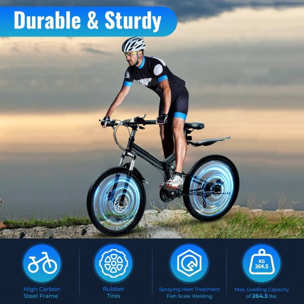 Aiqidi 26 Inch 21 Speed Folding Mountain Bike Full Suspension Dual Disc Brakes Bicycle Unisex Adult Bicycle Black - Image 4