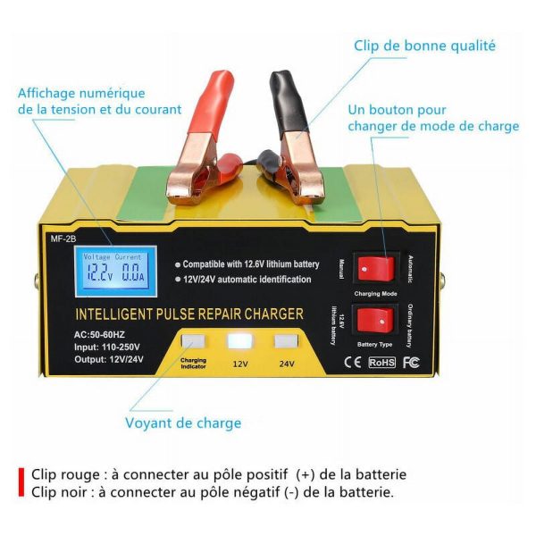 12V/24V intelligent battery charger, pulse repair type digital display charger, suitable for car batteries, batteries, motorcycles - Image 4