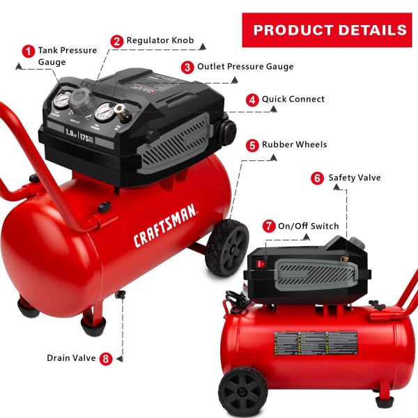 CRAFTSMAN HARD Air Compressor, 10 Gallon 1.8 HP 175 PSI, 4.0CFM@90PSI, Oil Free and Maintenance Free, Portable with Large Wheels, CMXECXA0201041 - Image 2