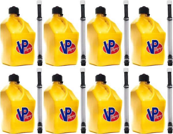 VP Racing 5.5-Gallon Square Motorsport Racing Utility Liquid Fuel Container Jug and 14 In Deluxe Hose Kit and Multipurpose Cap, Yellow 8 Pack