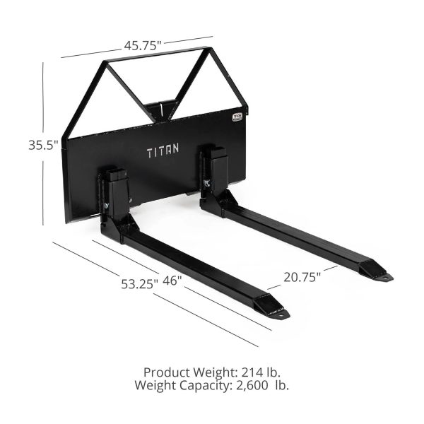 Titan Attachments Pin-On Pallet Fork Frame Attachment, 46" Hefty Fork Blades with Hitch Ball Hole, Chain Buckle Retainer, Universal Skid Steer Quick Tach Mounting System, 2600 LB Load Capacity - Image 2