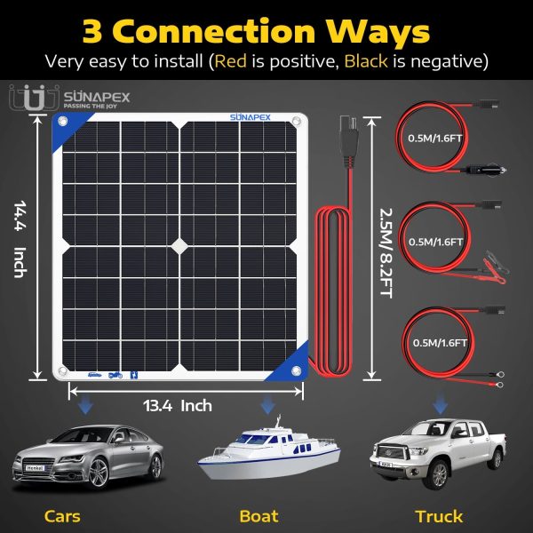 SUNAPEX Solar Battery Charger Maintainer 12 Volt Waterproof Solar Panel Charger 20W Solar Trickle Charger for Car Truck Boat RV Motorcycle Marine Tractor Battery - Image 4