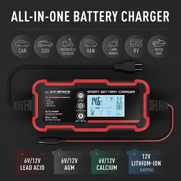 Manusage 10-Amp Fully-Automatic Smart Charger, 6V and 12V Portable Automotive Car Battery Charger, Battery Maintainer, Trickle Charger,Battery Desulfator with Temperature Compensation, AGM,Deep Cycle - Image 4