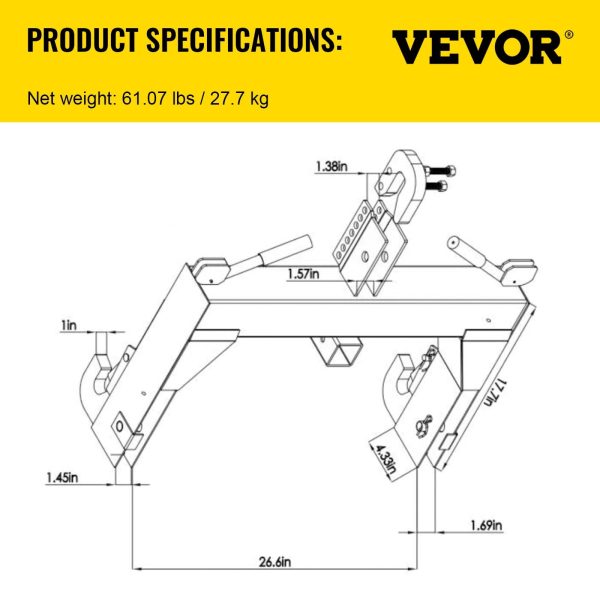 VEVOR 3-Point Quick Hitch, 3000 LBS Lifting Capacity Tractor Quick trailer hitch, Adaptation to Category 1 & 2 Tractors, No welding & 5 level Adjustable bolt - Image 5