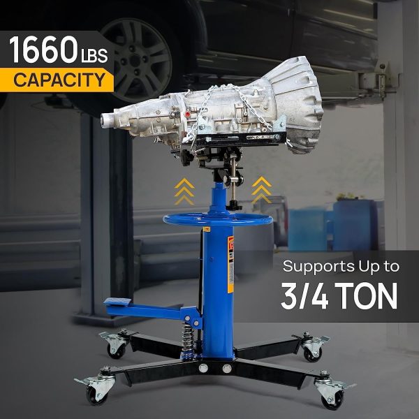 TUFFIOM Transmission Jack, 1660 lbs 3/4-Ton Hydraulic 2-Stage High Lift Vertical Telescoping Floor Jack Stand, 34" to 68" Lifting Range, w/Pedal, 360° Swivel Wheels, Garage/Shop Lift Hoist - Image 2